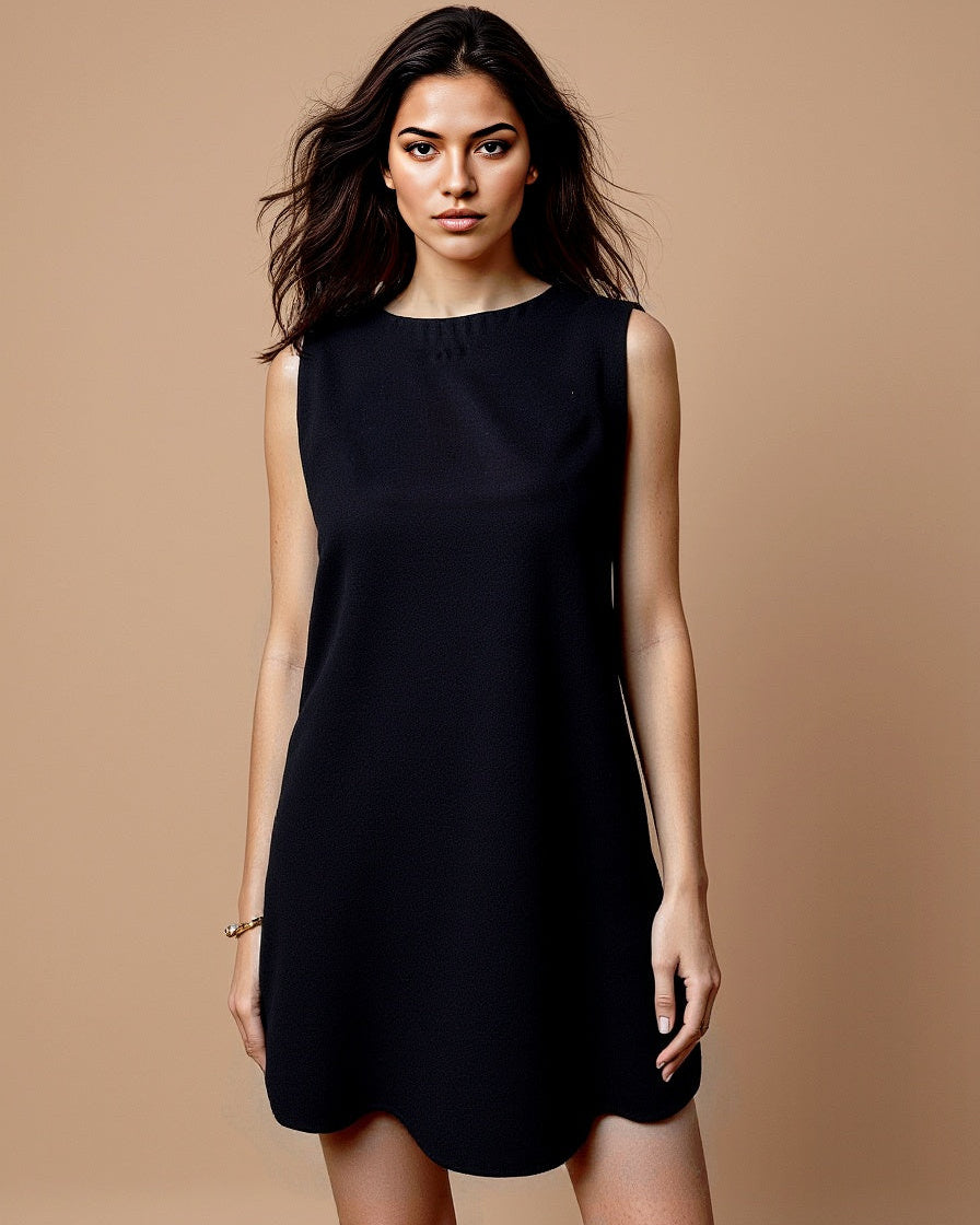 Woman wearing a black sleeveless dress against a beige background