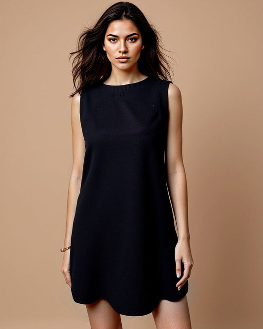 Woman wearing a black sleeveless dress against a beige background