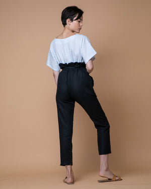 Black Australian Handmade Premium Linen Straight Leg Pants Ruffle Waist Belt Boutique Designer Summer Casual Cocktail