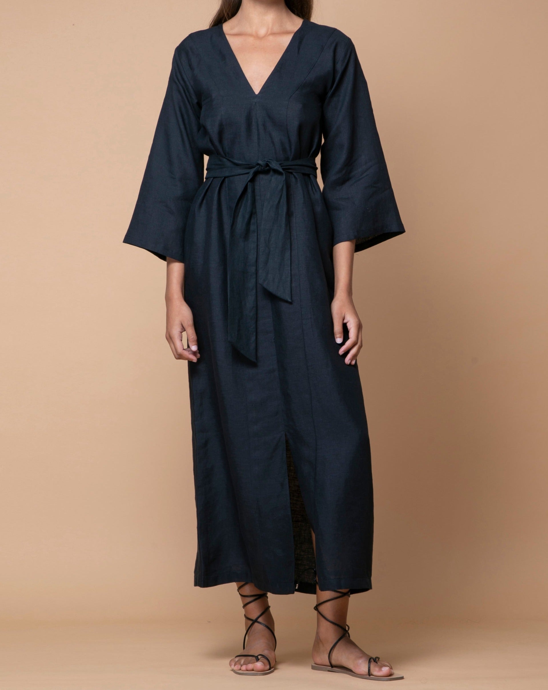 Black Australian Handmade Premium Linen Longsleeve V-Neck Dress Boutique Designer Summer Casual Cocktail