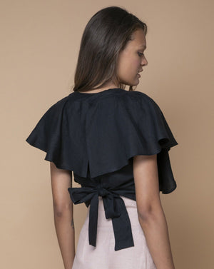 Black Australian Handmade Premium Linen V-Neck Blouse with Cape Sleeves & Back Tie Boutique Designer Summer Casual Cocktail