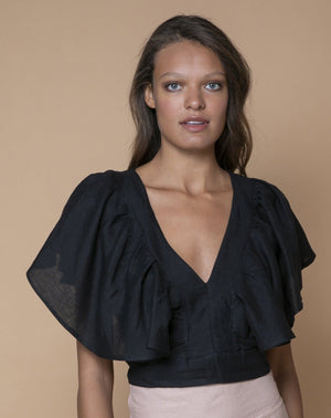 Black Australian Handmade Premium Linen V-Neck Blouse with Cape Sleeves & Back Tie Boutique Designer Summer Casual Cocktail